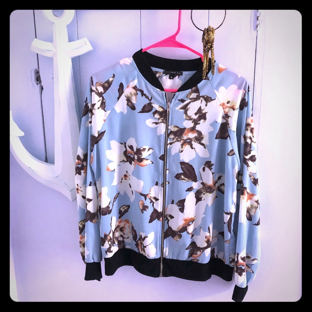 Beautiful flower blue bomber jacket